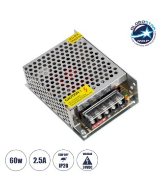 GLOBOSTAR® LUMIVOLT 73042 Τροφοδοτικό-Μετασχηματιστής PELV 60W 2.5A DC 24V IP20 - AC 220-240V σε DC 24V - Ρυθμιζόμενo από DC 22.5V έως DC 25.5V - Μ11 x Π7.8 x Υ3.8cm - 3 Χρόνια Εγγύηση